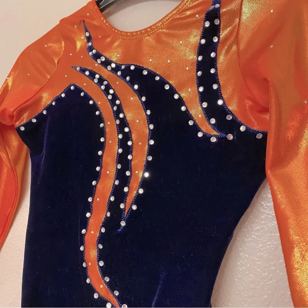 Alpha Factor Gymnastics Competition Leotard 3/4 rhinestone orange blue velvet CL